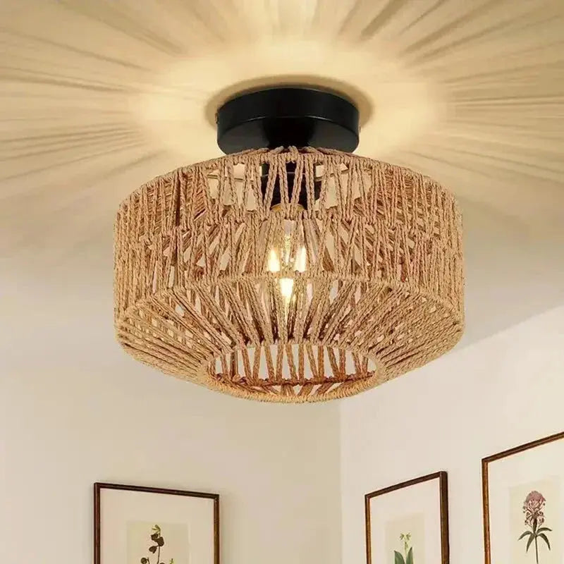 Paper Rattan Woven Ceiling Light — Rustic Flush Mount Ceiling Lamp with Open-Weave Shade — Hallway Ceiling Light, Living Room Ceiling Light — Entryway and Bedroom Pendant Fixture Erbstuk