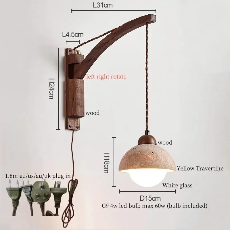 Travertine Dome Swing Arm Wall Sconce — Curved Wood Arm Pendant-Style Wall Light with Pull Chain for Bedroom, Living Room, Foyer and Study Erbstuk