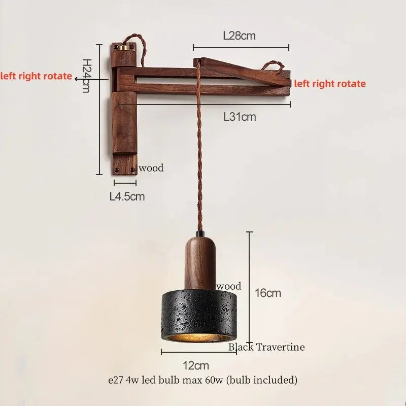 Travertine Dome Swing Arm Wall Sconce — Curved Wood Arm Pendant-Style Wall Light with Pull Chain for Bedroom, Living Room, Foyer and Study Erbstuk