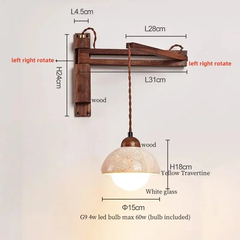 Travertine Dome Swing Arm Wall Sconce — Curved Wood Arm Pendant-Style Wall Light with Pull Chain for Bedroom, Living Room, Foyer and Study Erbstuk