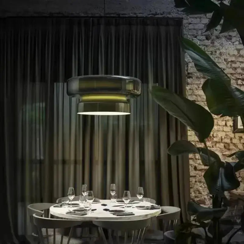 Tiered Glass Disc Pendant Light — Colored Glass Shade with Metal Ring Accent, Modern LED Ceiling Fixture for Dining Rooms, Kitchens & Bedrooms, Available in Green, Red & Purple Erbstuk