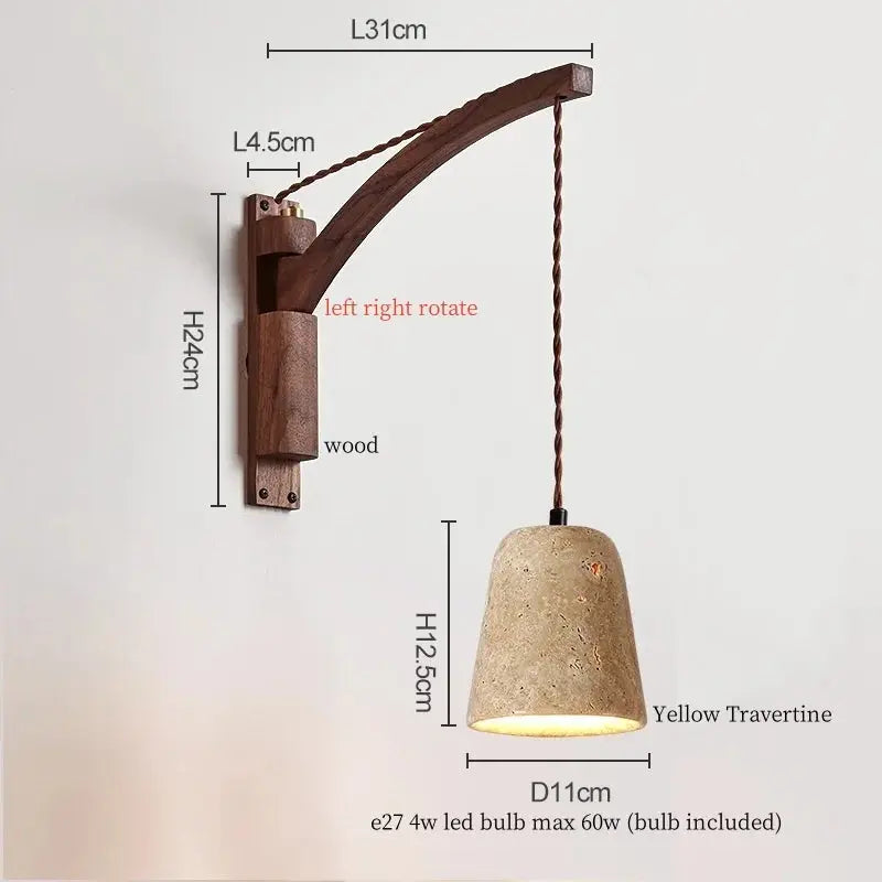Travertine Dome Swing Arm Wall Sconce — Curved Wood Arm Pendant-Style Wall Light with Pull Chain for Bedroom, Living Room, Foyer and Study Erbstuk