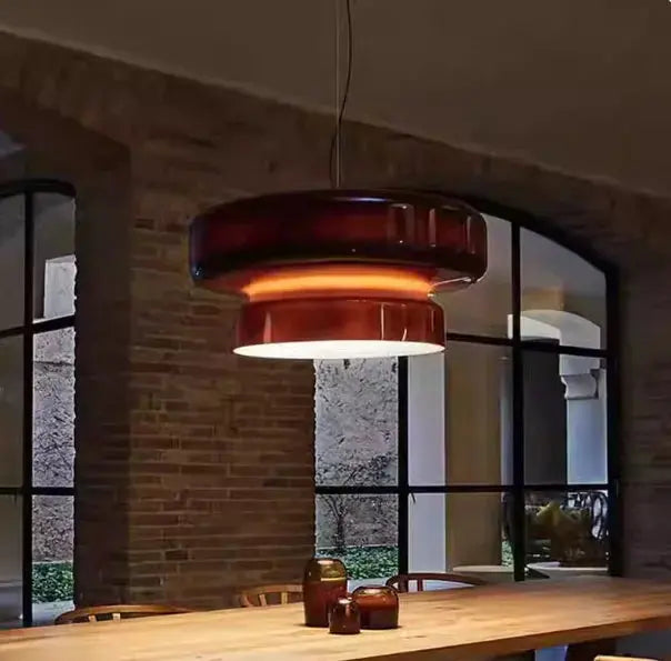 Tiered Glass Disc Pendant Light — Colored Glass Shade with Metal Ring Accent, Modern LED Ceiling Fixture for Dining Rooms, Kitchens & Bedrooms, Available in Green, Red & Purple Erbstuk
