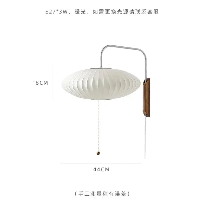 Silk Shade Flying Saucer Wall Sconce — Mid-Century Modern LED Wall Lamp with Swing Arm for Bedroom, Living Room, Study and Reading Nook, Walnut and Chrome Accent Erbstuk
