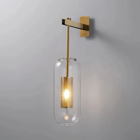 Brass & Black Bent-Arm Glass Wall Sconce — Clear or Smoked Glass Cylinder Shade, Modern E27 Wall Light for Bedrooms, Bathrooms & Hallways, Also Available as a 120cm Vertical Rail Light Erbstuk