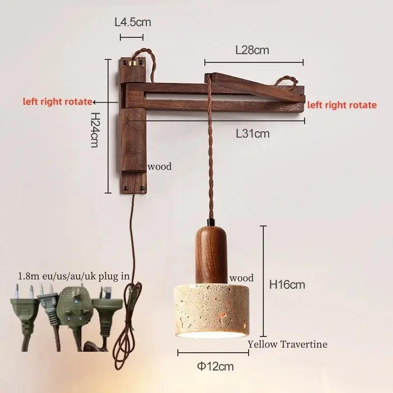 Travertine Dome Swing Arm Wall Sconce — Curved Wood Arm Pendant-Style Wall Light with Pull Chain for Bedroom, Living Room, Foyer and Study Erbstuk