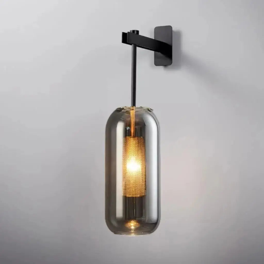 Brass & Black Bent-Arm Glass Wall Sconce — Clear or Smoked Glass Cylinder Shade, Modern E27 Wall Light for Bedrooms, Bathrooms & Hallways, Also Available as a 120cm Vertical Rail Light Erbstuk