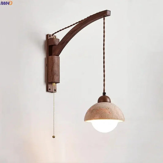 Travertine Dome Swing Arm Wall Sconce — Curved Wood Arm Pendant-Style Wall Light with Pull Chain for Bedroom, Living Room, Foyer and Study Erbstuk
