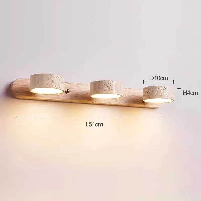 Travertine Stone Duo Wall Light — Rotatable Round LED Sconce for Bathroom Vanity, Dressing Table and Mirror Front, Sculptural Wood and Stone Wall Lamp Erbstuk