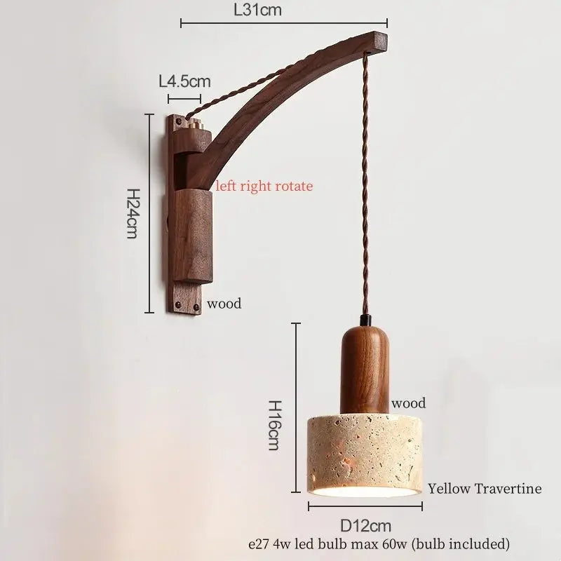 Travertine Dome Swing Arm Wall Sconce — Curved Wood Arm Pendant-Style Wall Light with Pull Chain for Bedroom, Living Room, Foyer and Study Erbstuk