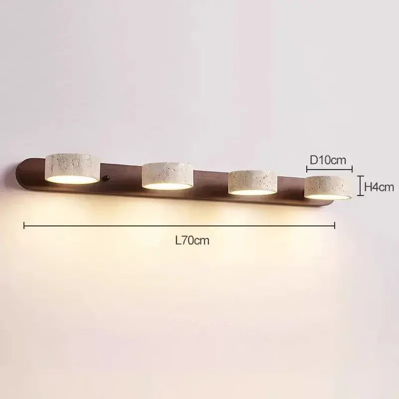 Travertine Stone Duo Wall Light — Rotatable Round LED Sconce for Bathroom Vanity, Dressing Table and Mirror Front, Sculptural Wood and Stone Wall Lamp Erbstuk