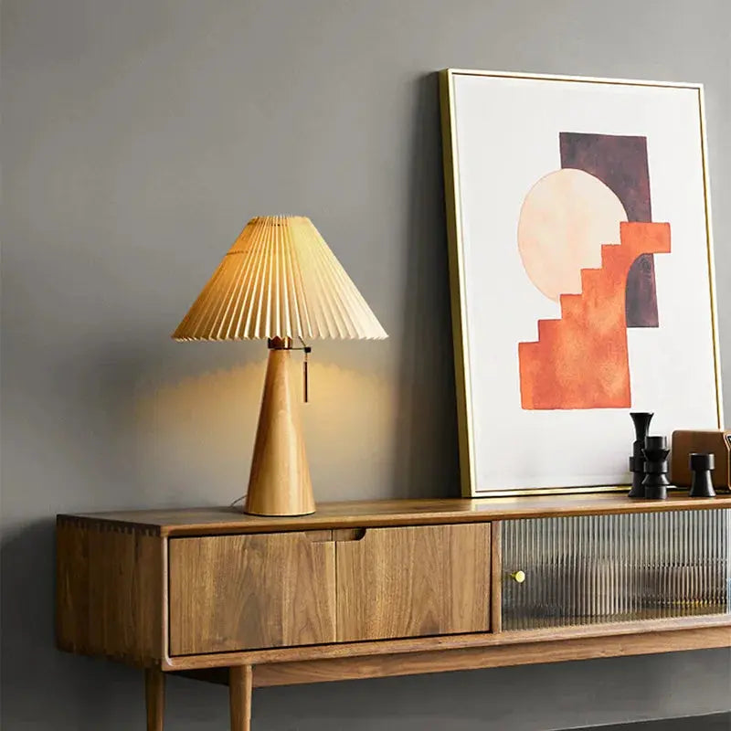 Solid Wood Pleated Table Lamp — Retro Minimalist Nordic Nightstand Lamp — Bedroom Lamp, Living Room Lamp — Bedside and Desk Reading Lamp with Handmade Fabric Shade Erbstuk
