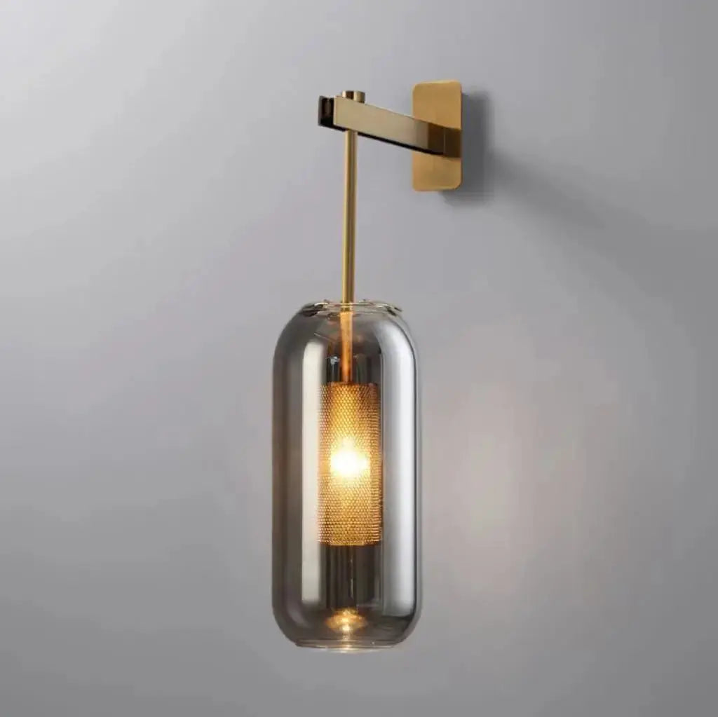 Brass & Black Bent-Arm Glass Wall Sconce — Clear or Smoked Glass Cylinder Shade, Modern E27 Wall Light for Bedrooms, Bathrooms & Hallways, Also Available as a 120cm Vertical Rail Light Erbstuk