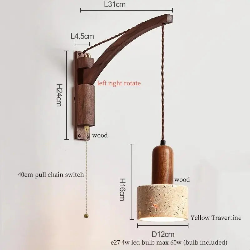 Travertine Dome Swing Arm Wall Sconce — Curved Wood Arm Pendant-Style Wall Light with Pull Chain for Bedroom, Living Room, Foyer and Study Erbstuk
