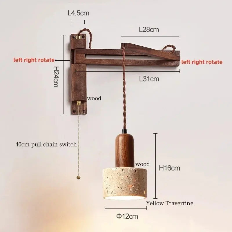 Travertine Dome Swing Arm Wall Sconce — Curved Wood Arm Pendant-Style Wall Light with Pull Chain for Bedroom, Living Room, Foyer and Study Erbstuk