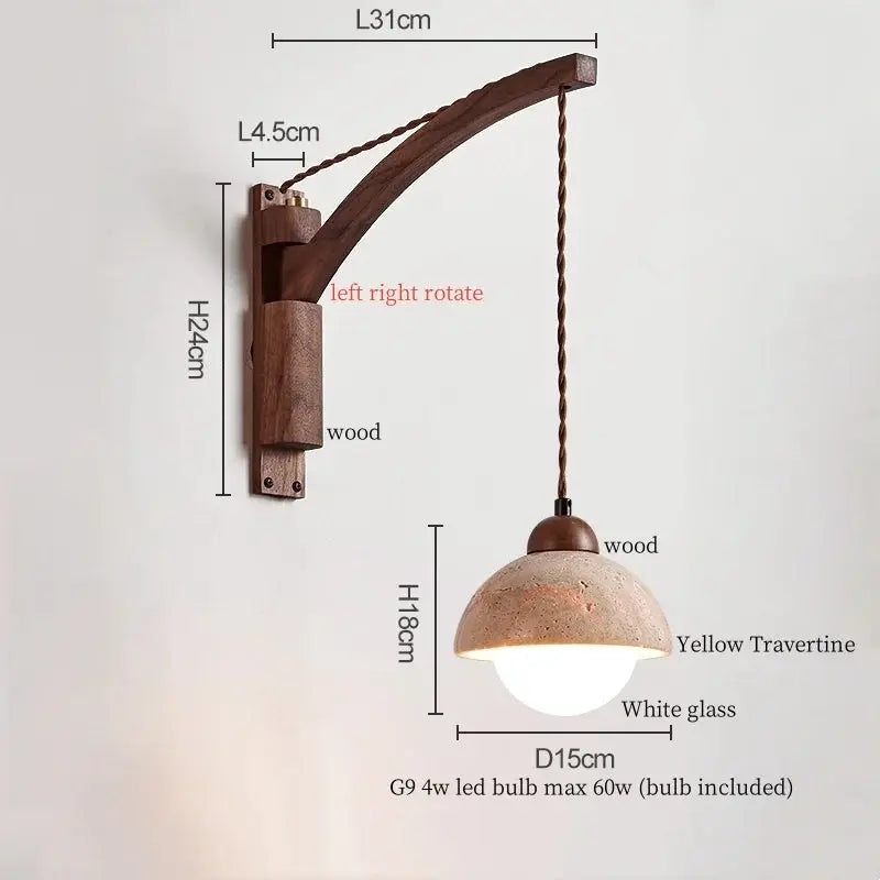 Travertine Dome Swing Arm Wall Sconce — Curved Wood Arm Pendant-Style Wall Light with Pull Chain for Bedroom, Living Room, Foyer and Study Erbstuk