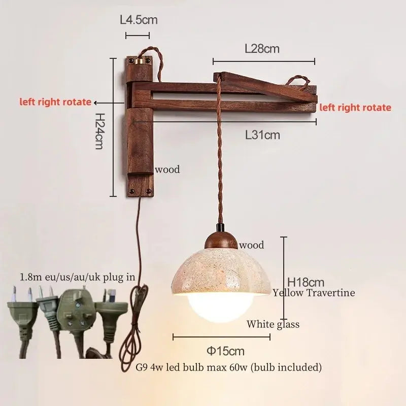 Travertine Dome Swing Arm Wall Sconce — Curved Wood Arm Pendant-Style Wall Light with Pull Chain for Bedroom, Living Room, Foyer and Study Erbstuk