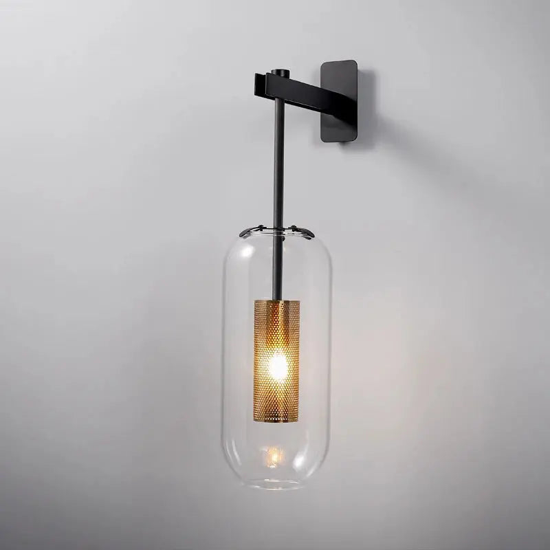 Brass & Black Bent-Arm Glass Wall Sconce — Clear or Smoked Glass Cylinder Shade, Modern E27 Wall Light for Bedrooms, Bathrooms & Hallways, Also Available as a 120cm Vertical Rail Light Erbstuk