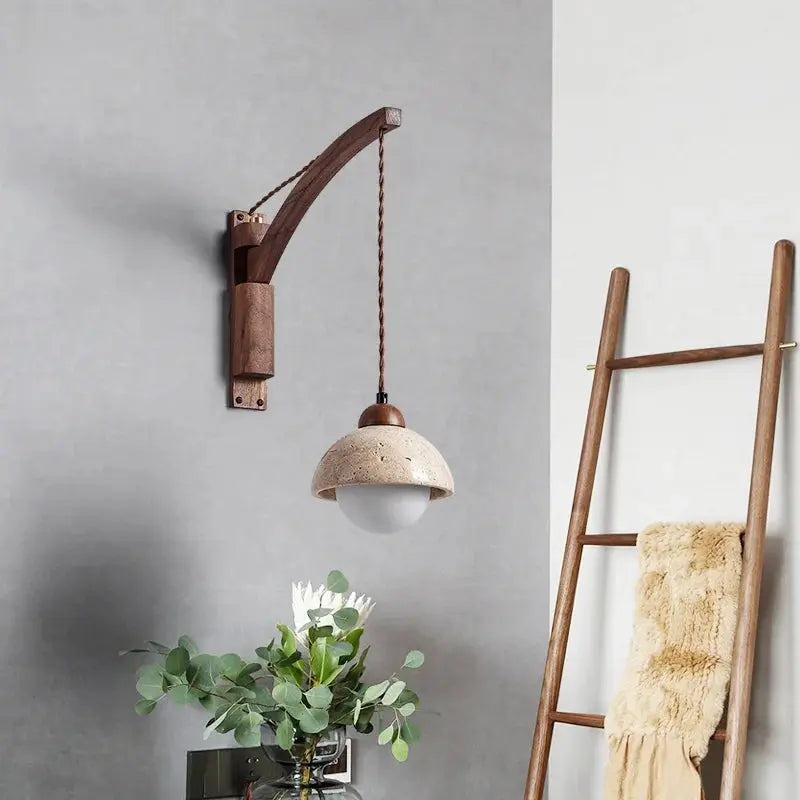 Travertine Dome Swing Arm Wall Sconce — Curved Wood Arm Pendant-Style Wall Light with Pull Chain for Bedroom, Living Room, Foyer and Study Erbstuk