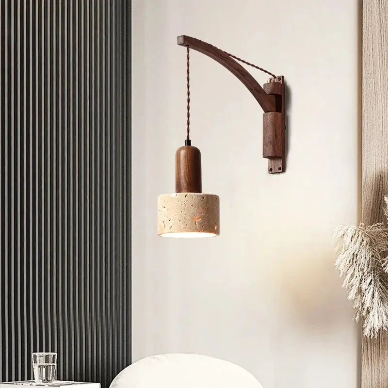Travertine Dome Swing Arm Wall Sconce — Curved Wood Arm Pendant-Style Wall Light with Pull Chain for Bedroom, Living Room, Foyer and Study Erbstuk