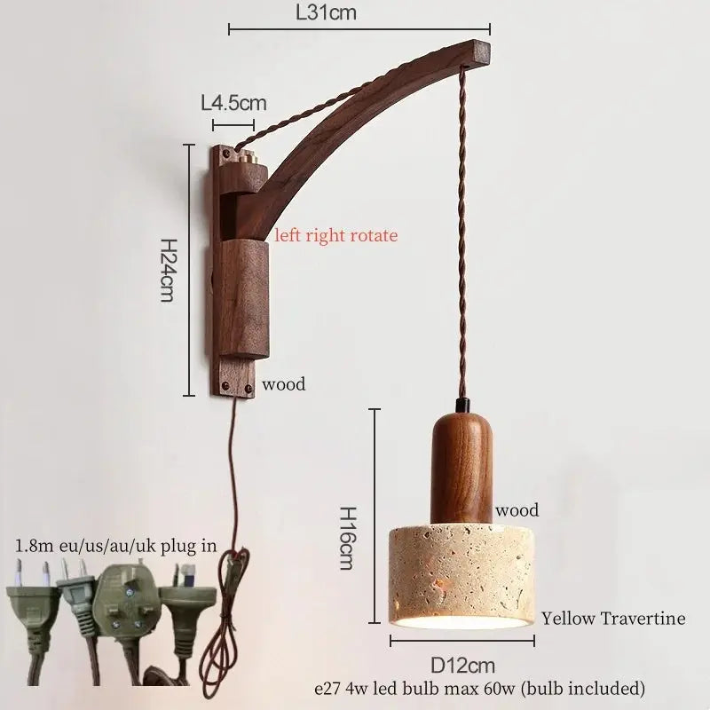 Travertine Dome Swing Arm Wall Sconce — Curved Wood Arm Pendant-Style Wall Light with Pull Chain for Bedroom, Living Room, Foyer and Study Erbstuk