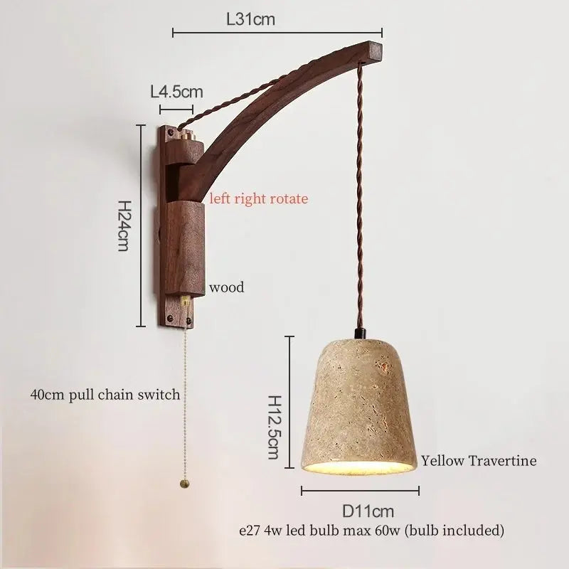 Travertine Dome Swing Arm Wall Sconce — Curved Wood Arm Pendant-Style Wall Light with Pull Chain for Bedroom, Living Room, Foyer and Study Erbstuk