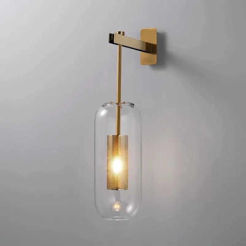 Brass & Black Bent-Arm Glass Wall Sconce — Clear or Smoked Glass Cylinder Shade, Modern E27 Wall Light for Bedrooms, Bathrooms & Hallways, Also Available as a 120cm Vertical Rail Light Erbstuk