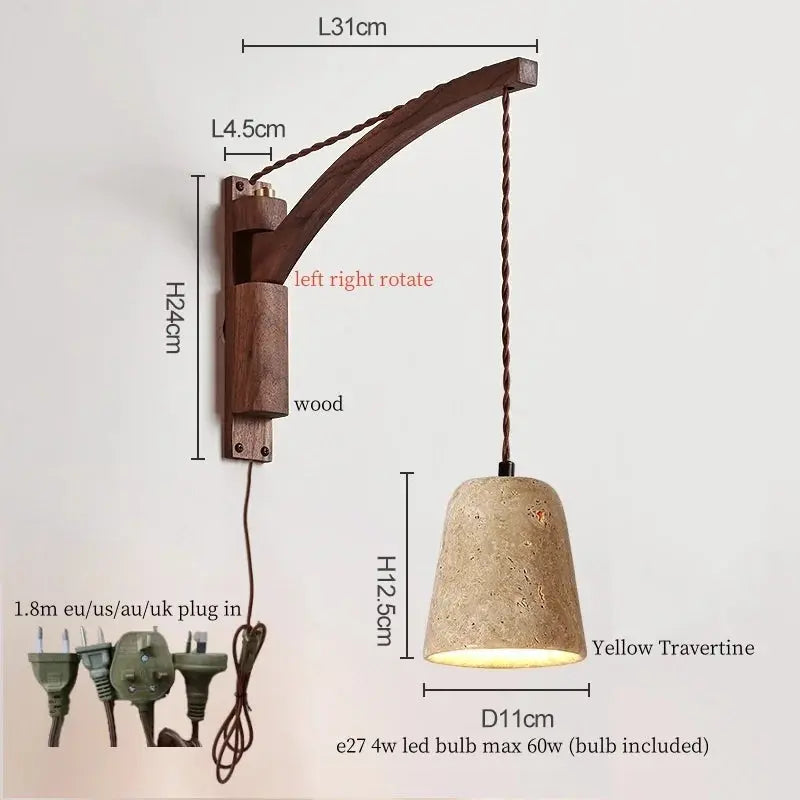 Travertine Dome Swing Arm Wall Sconce — Curved Wood Arm Pendant-Style Wall Light with Pull Chain for Bedroom, Living Room, Foyer and Study Erbstuk