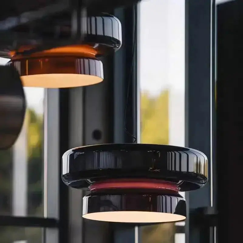 Tiered Glass Disc Pendant Light — Colored Glass Shade with Metal Ring Accent, Modern LED Ceiling Fixture for Dining Rooms, Kitchens & Bedrooms, Available in Green, Red & Purple Erbstuk