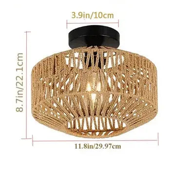 Paper Rattan Woven Ceiling Light — Rustic Flush Mount Ceiling Lamp with Open-Weave Shade — Hallway Ceiling Light, Living Room Ceiling Light — Entryway and Bedroom Pendant Fixture Erbstuk