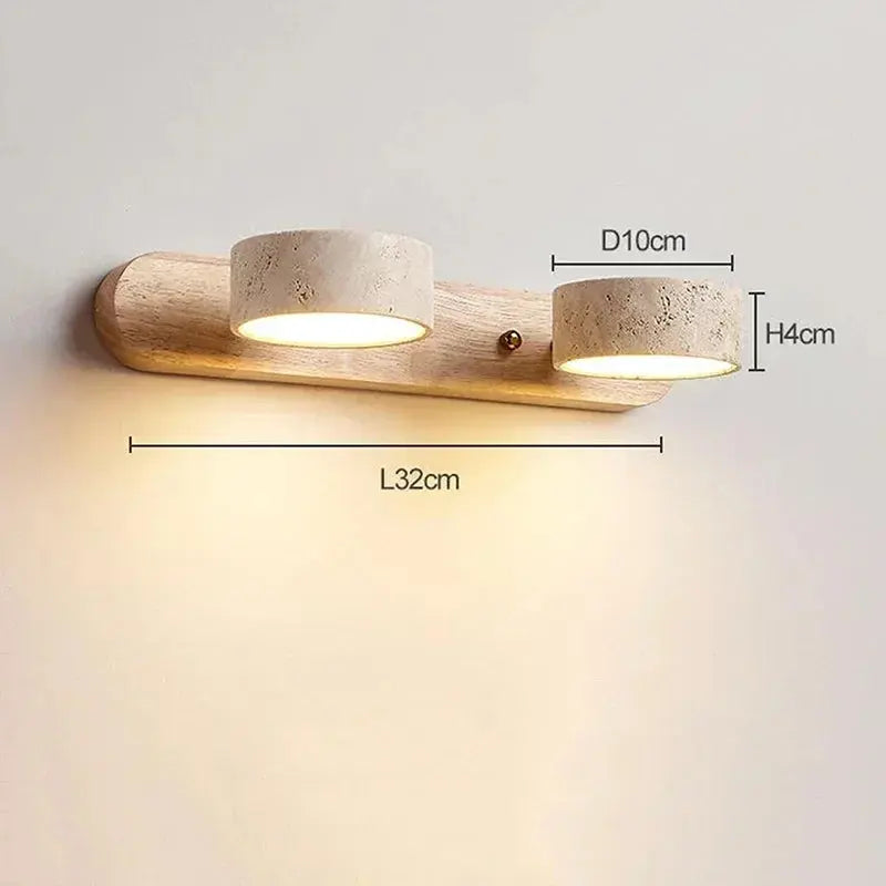 Travertine Stone Duo Wall Light — Rotatable Round LED Sconce for Bathroom Vanity, Dressing Table and Mirror Front, Sculptural Wood and Stone Wall Lamp Erbstuk