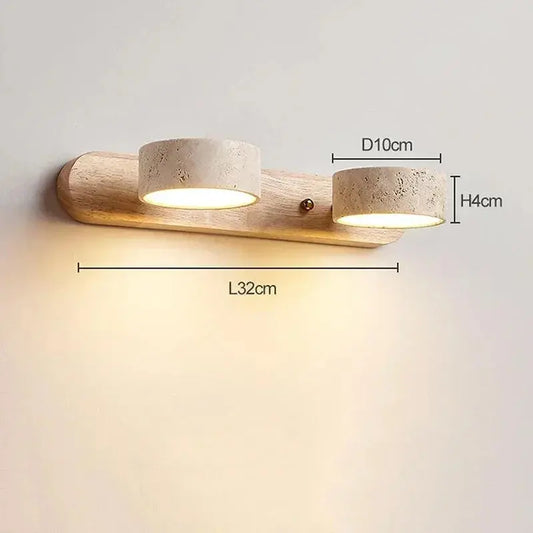 Travertine Stone Duo Wall Light — Rotatable Round LED Sconce for Bathroom Vanity, Dressing Table and Mirror Front, Sculptural Wood and Stone Wall Lamp Erbstuk