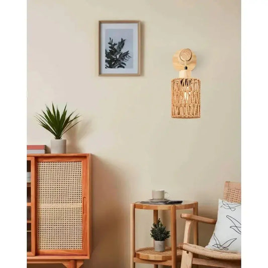 Woven Cord Cylindrical Wall Lamp — Rustic Farmhouse Wall Sconce for Bedroom, Hallway, and Living Room, Natural Wood-Backed Wall Light with Hand-Wound Cord Shade Erbstuk