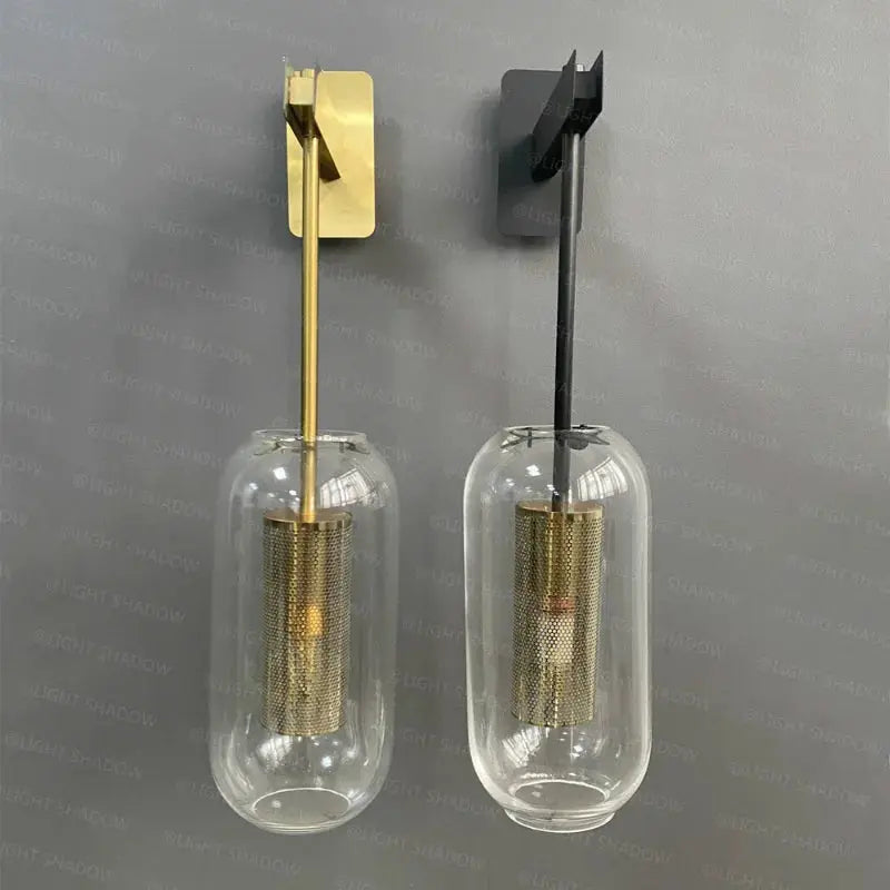Brass & Black Bent-Arm Glass Wall Sconce — Clear or Smoked Glass Cylinder Shade, Modern E27 Wall Light for Bedrooms, Bathrooms & Hallways, Also Available as a 120cm Vertical Rail Light Erbstuk