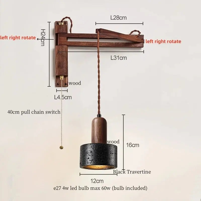 Travertine Dome Swing Arm Wall Sconce — Curved Wood Arm Pendant-Style Wall Light with Pull Chain for Bedroom, Living Room, Foyer and Study Erbstuk