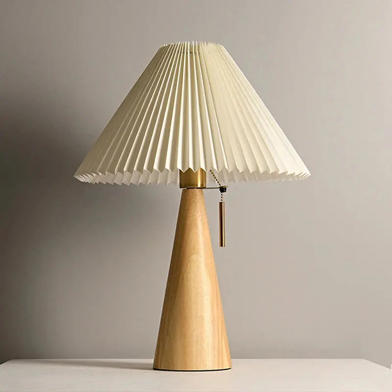 Solid Wood Pleated Table Lamp — Retro Minimalist Nordic Nightstand Lamp — Bedroom Lamp, Living Room Lamp — Bedside and Desk Reading Lamp with Handmade Fabric Shade Erbstuk