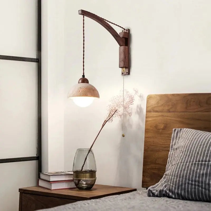 Travertine Dome Swing Arm Wall Sconce — Curved Wood Arm Pendant-Style Wall Light with Pull Chain for Bedroom, Living Room, Foyer and Study Erbstuk
