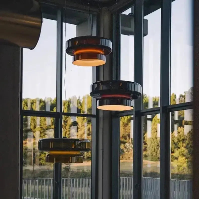 Tiered Glass Disc Pendant Light — Colored Glass Shade with Metal Ring Accent, Modern LED Ceiling Fixture for Dining Rooms, Kitchens & Bedrooms, Available in Green, Red & Purple Erbstuk