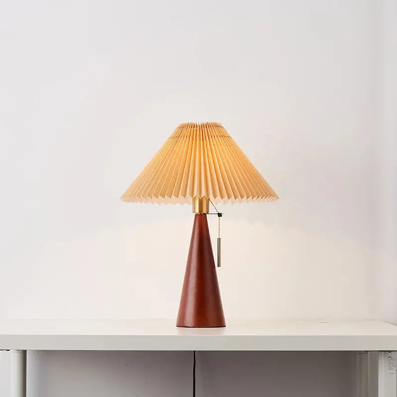 Solid Wood Pleated Table Lamp — Retro Minimalist Nordic Nightstand Lamp — Bedroom Lamp, Living Room Lamp — Bedside and Desk Reading Lamp with Handmade Fabric Shade Erbstuk