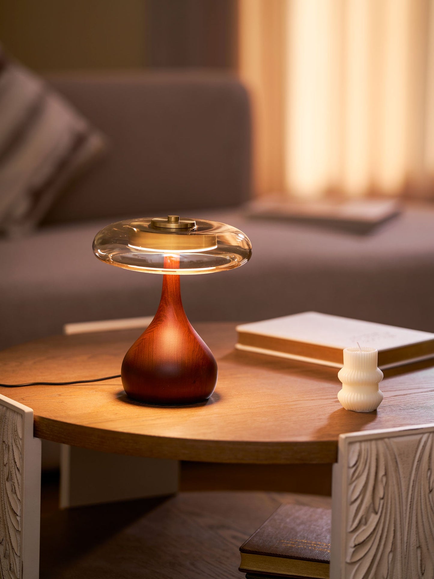 Cognac Glass and Walnut Table Lamp