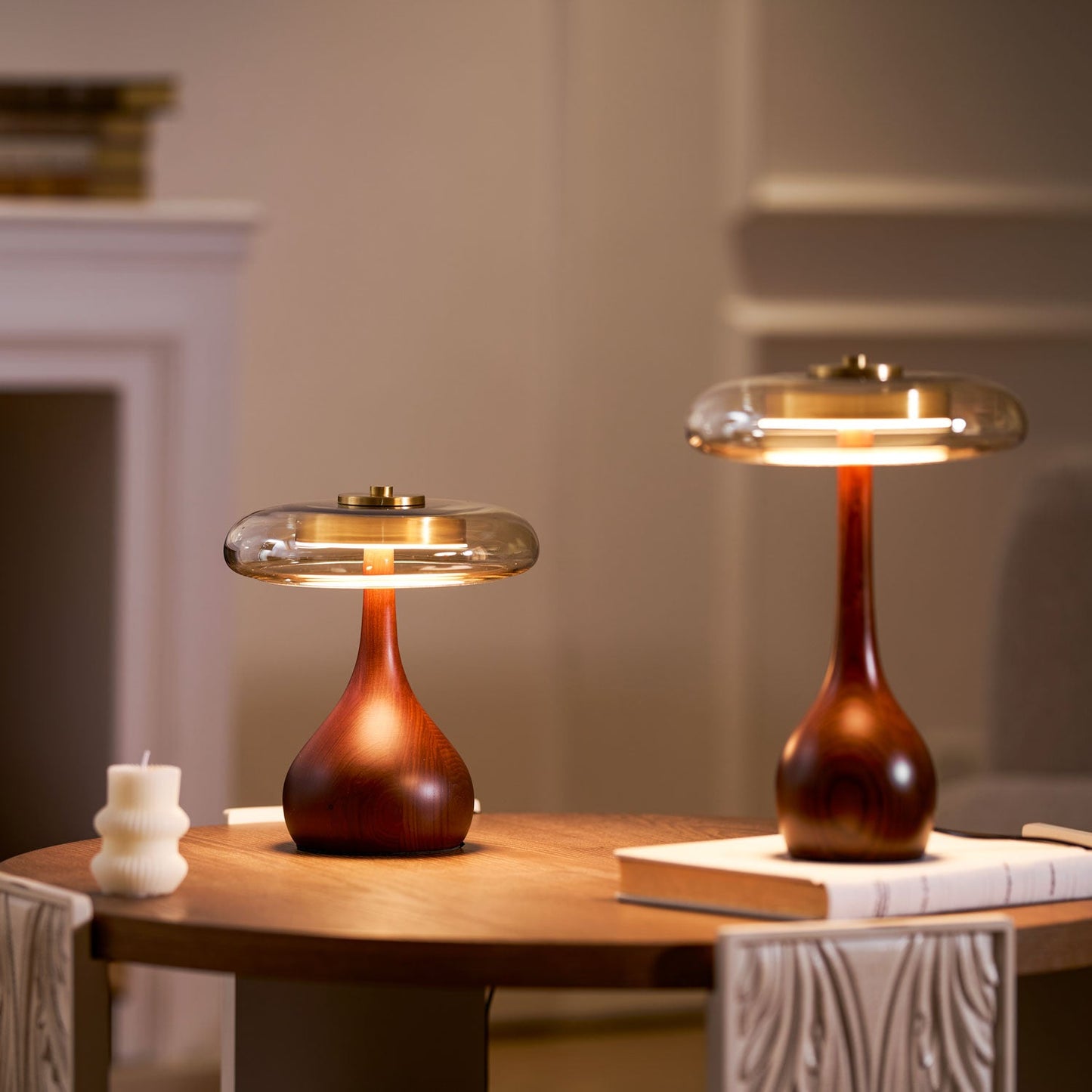 Cognac Glass and Walnut Table Lamp