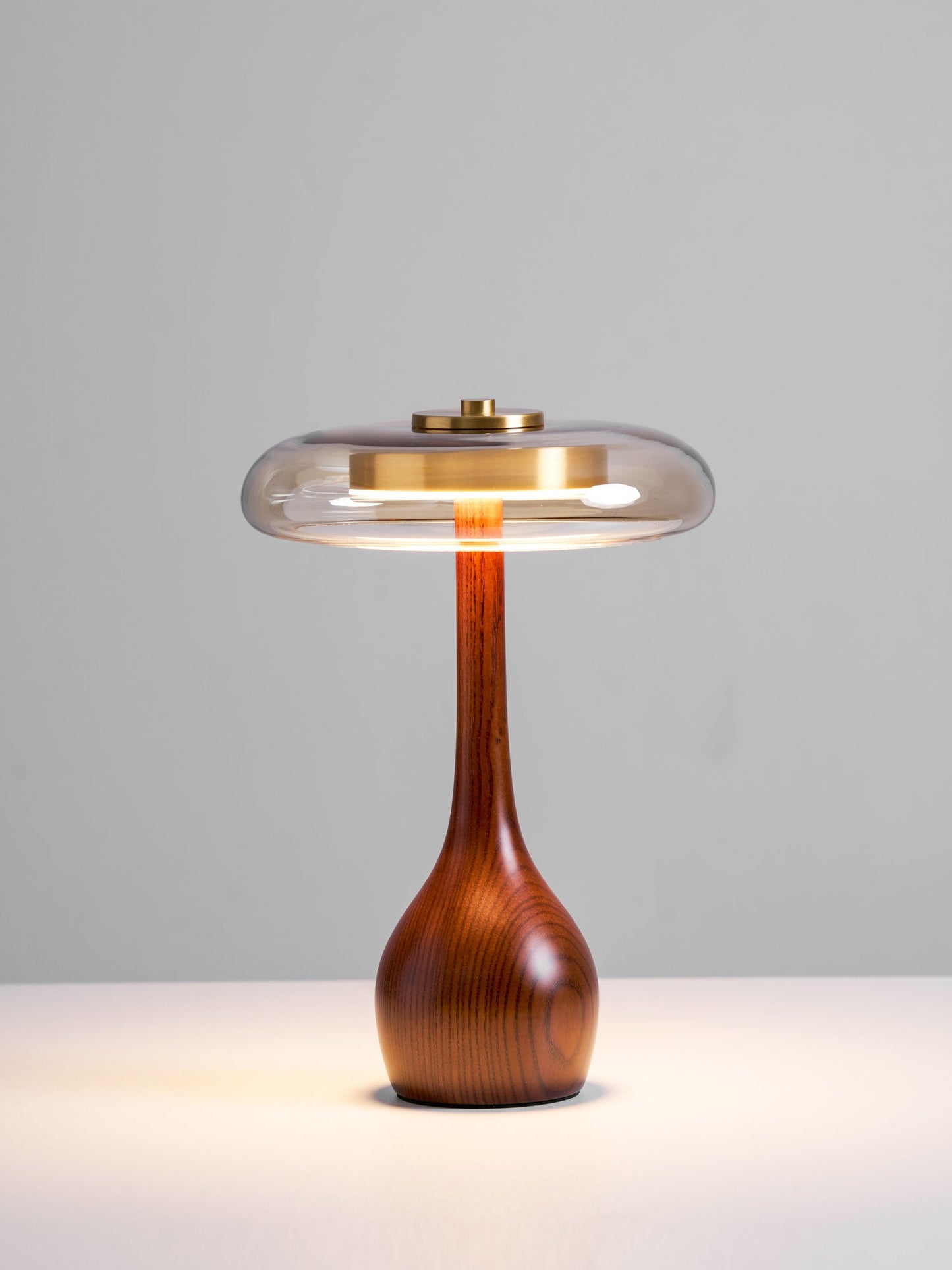 Cognac Glass and Walnut Table Lamp