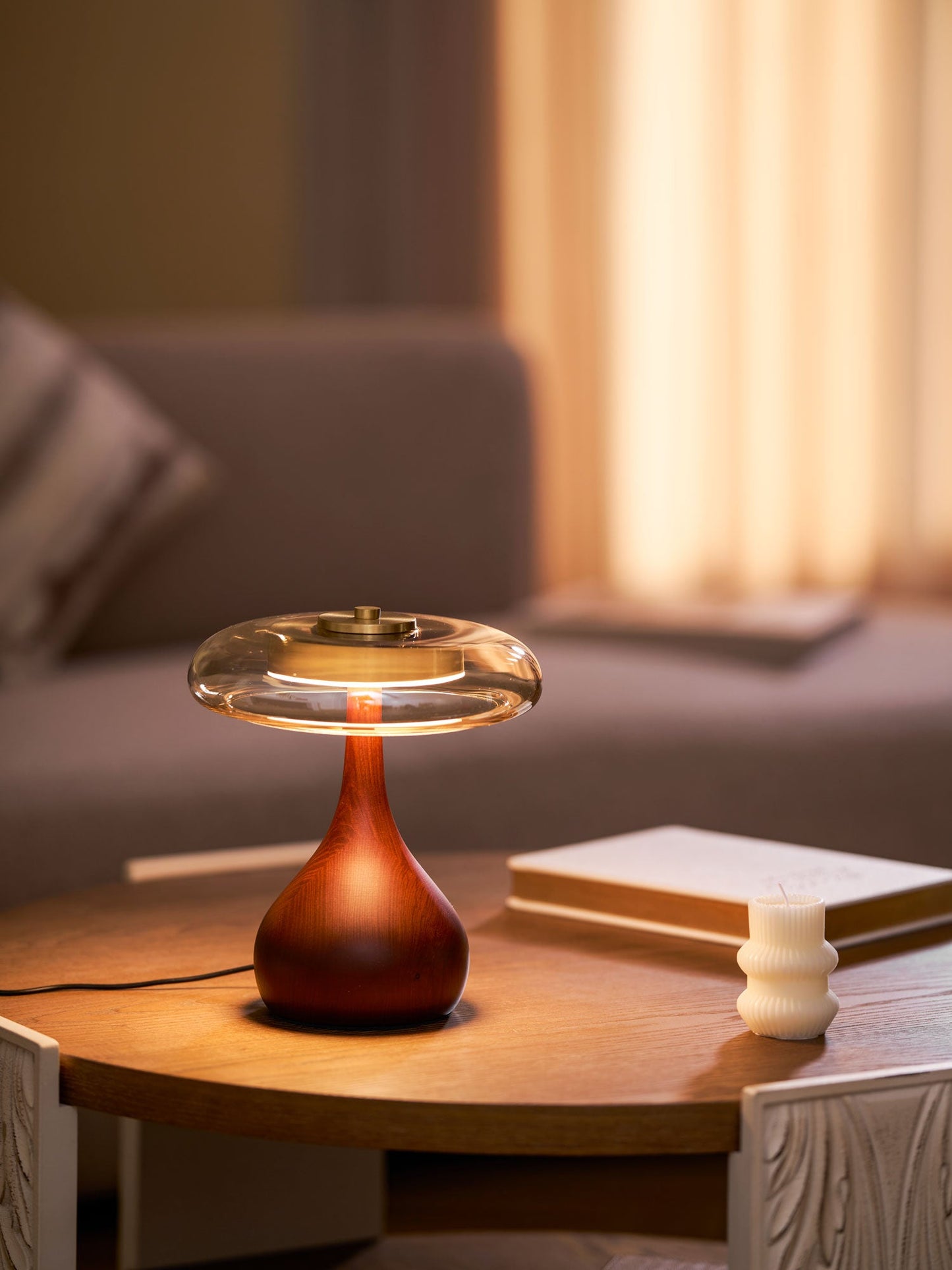 Cognac Glass and Walnut Table Lamp
