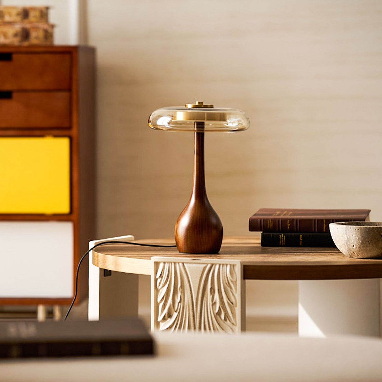 Cognac Glass and Walnut Table Lamp