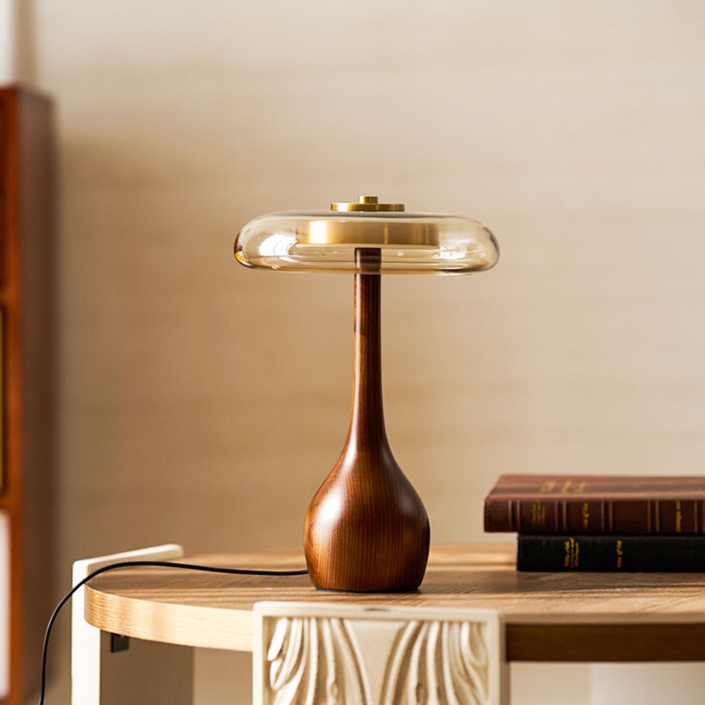 Cognac Glass and Walnut Table Lamp