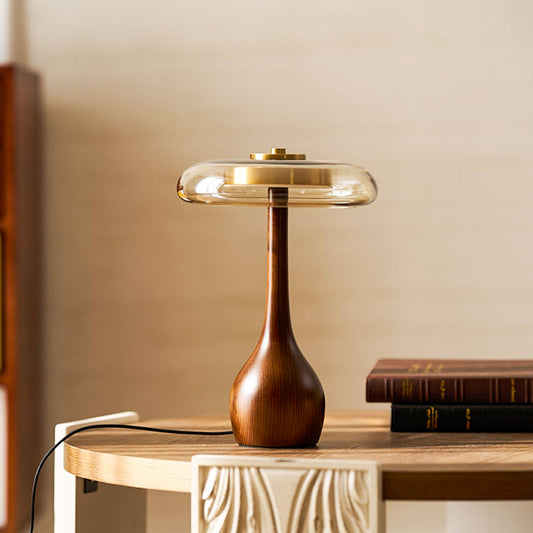 Cognac Glass and Walnut Table Lamp