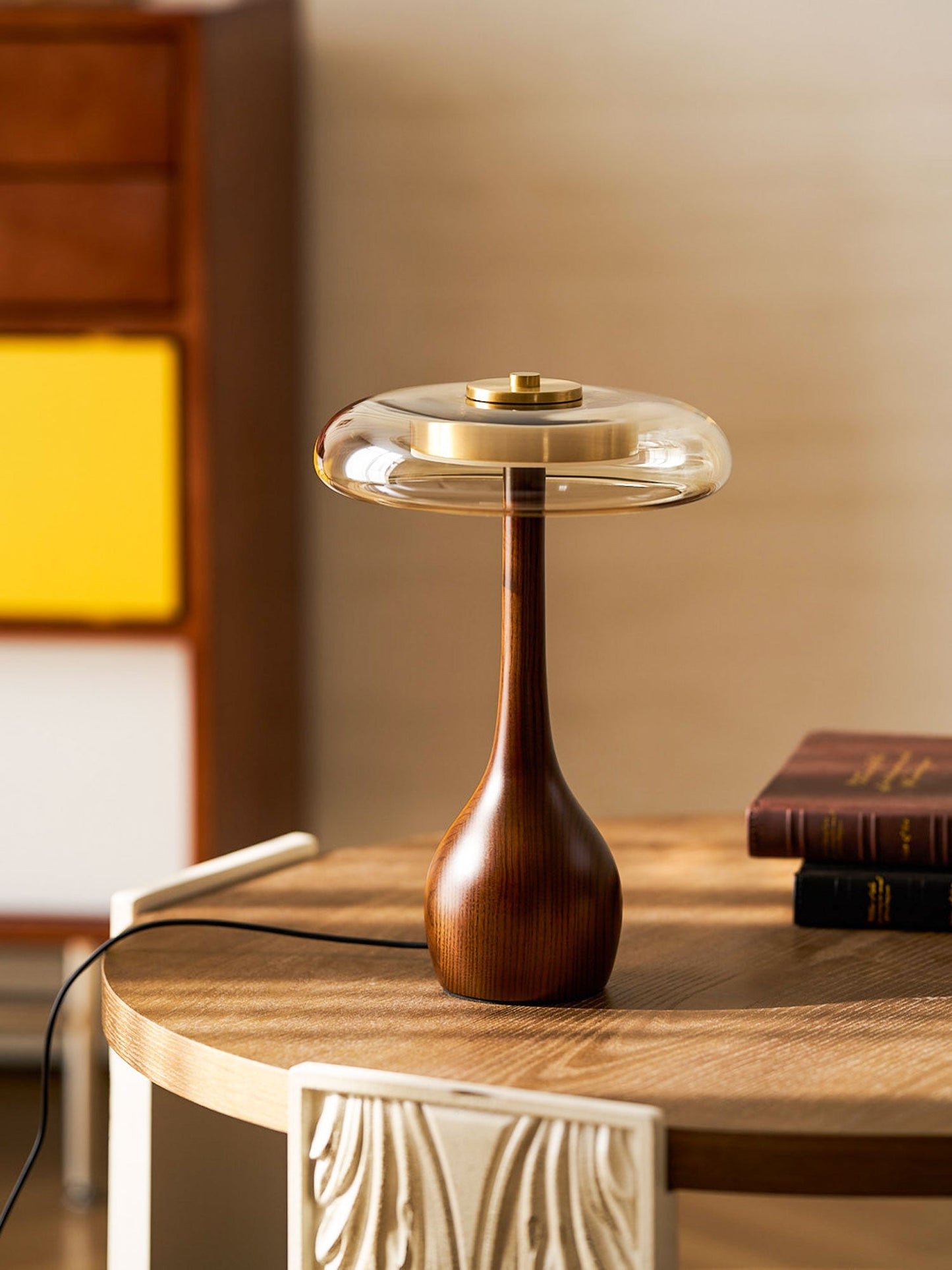 Cognac Glass and Walnut Table Lamp
