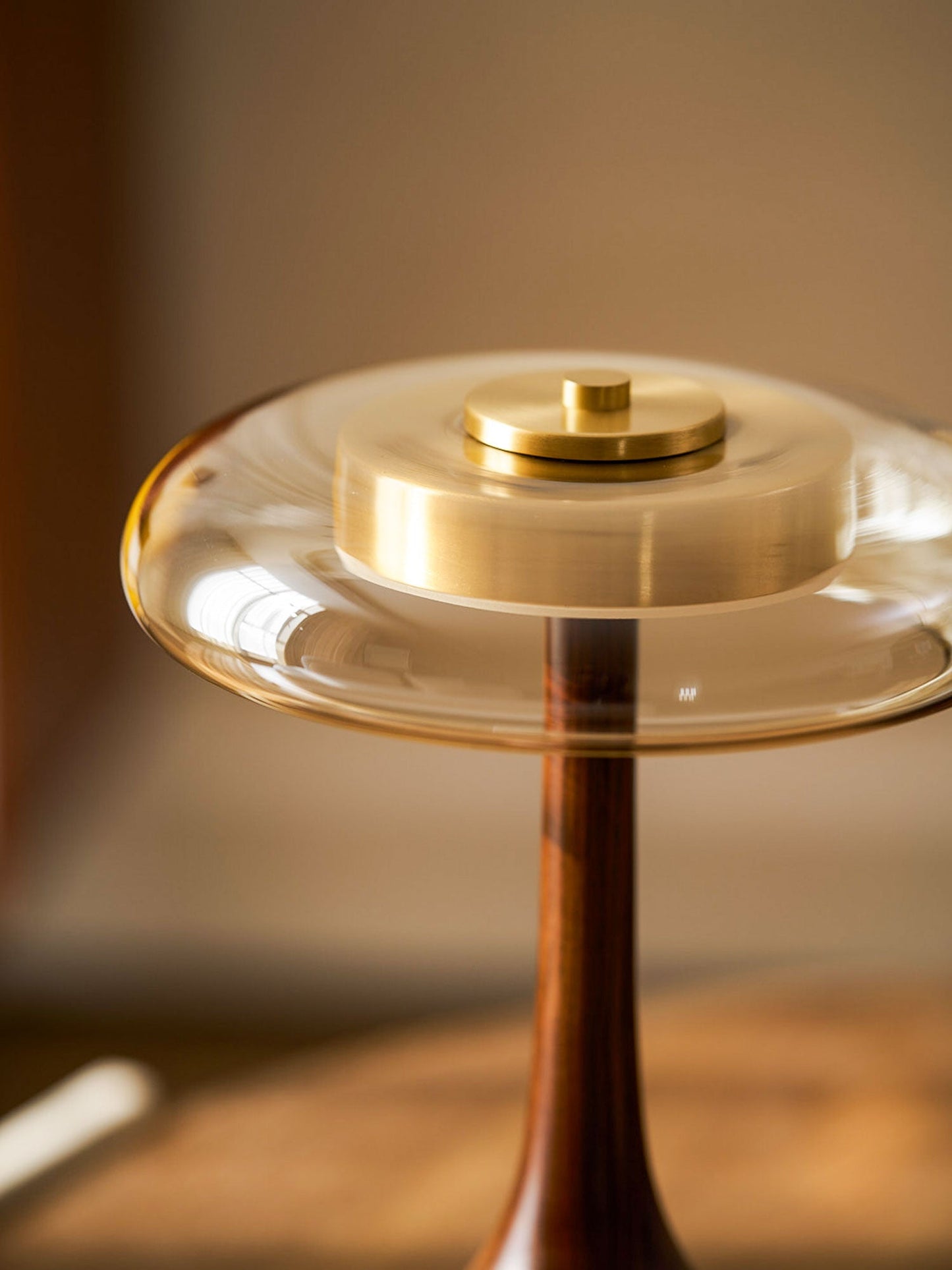 Cognac Glass and Walnut Table Lamp