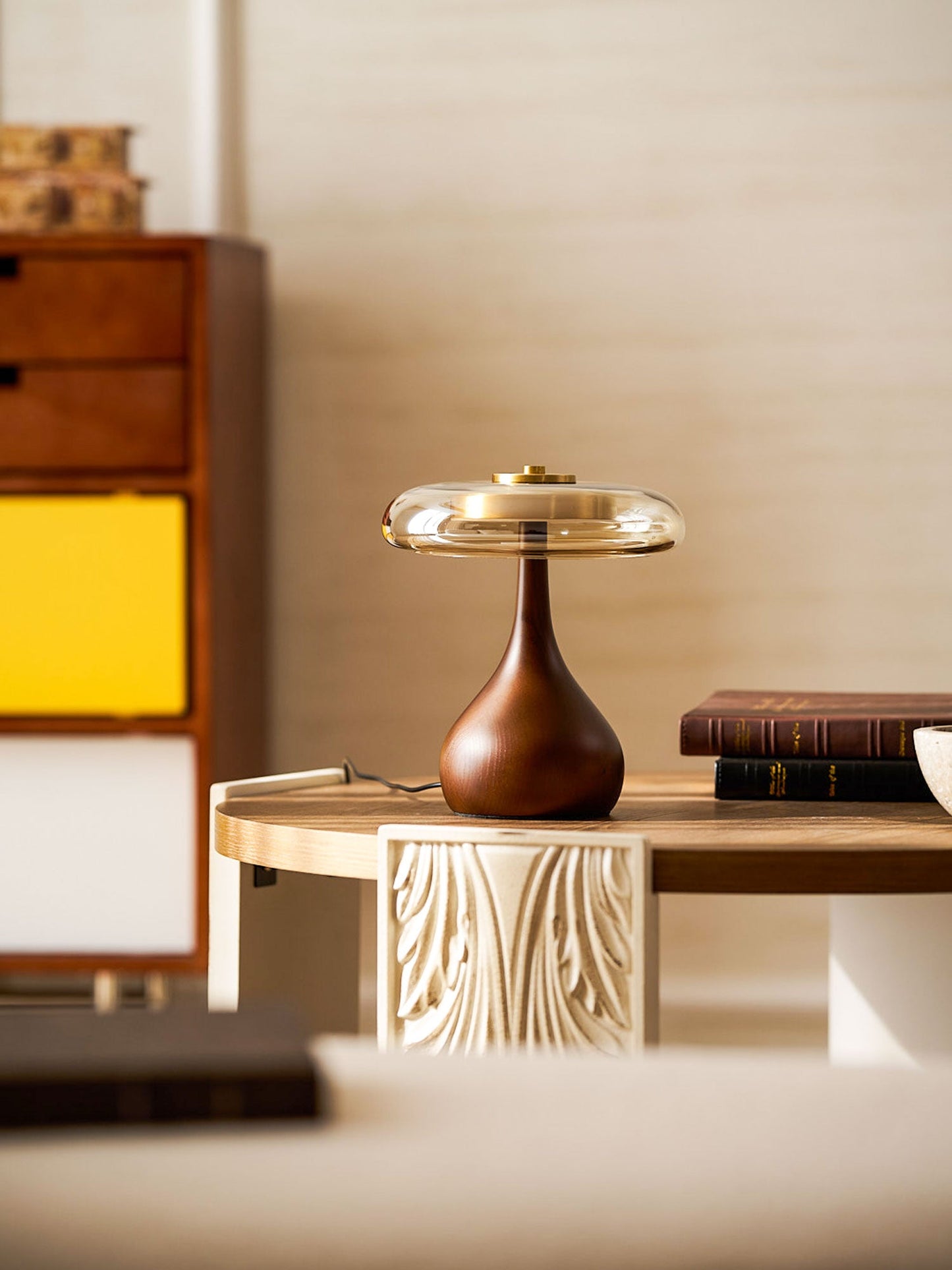 Cognac Glass and Walnut Table Lamp