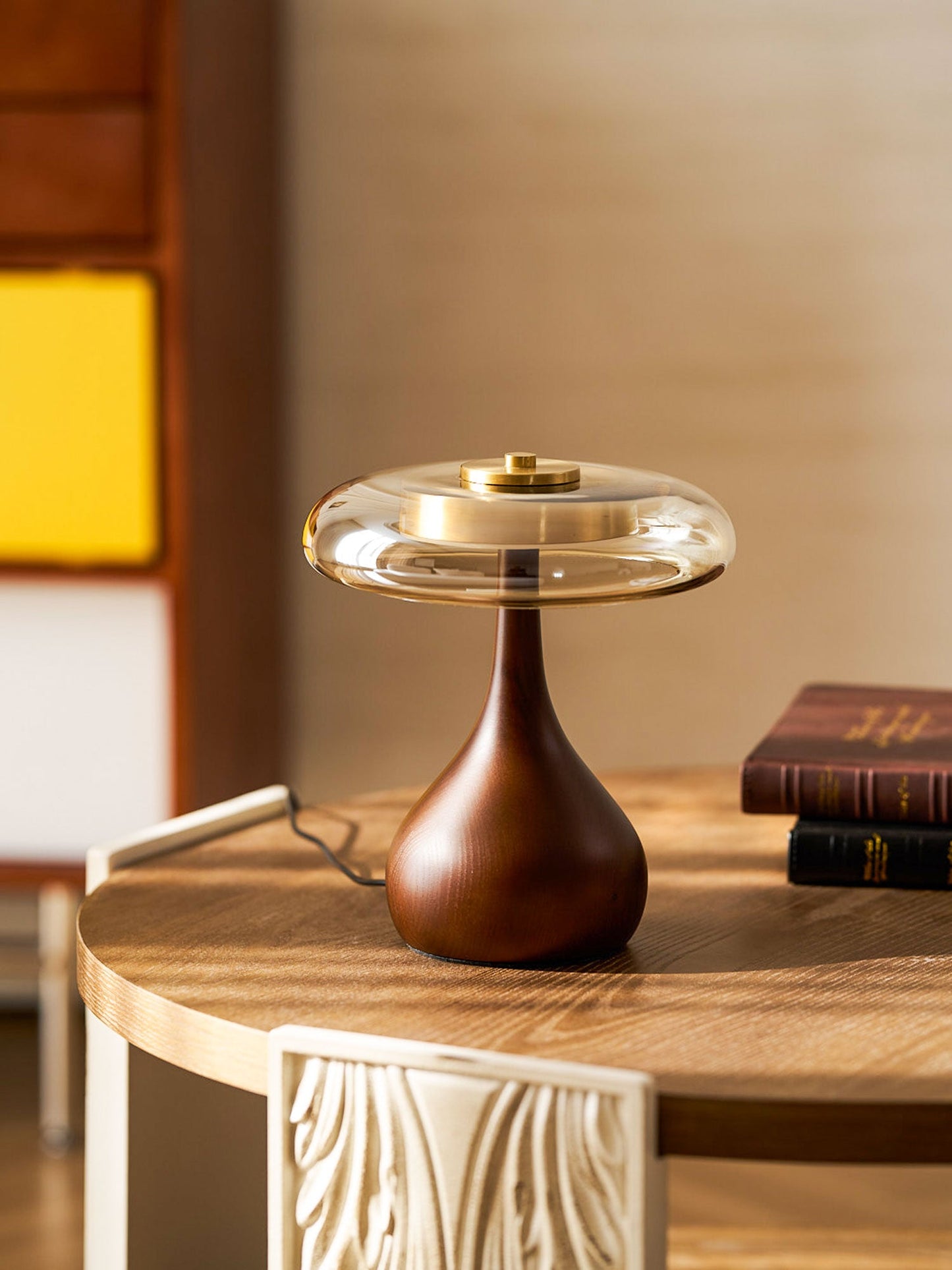 Cognac Glass and Walnut Table Lamp